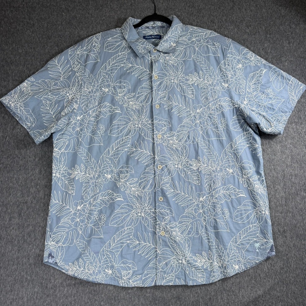 Tommy Bahama Button Up Shirt Mens XXL Blue Floral Embroidered Short Sleeve
